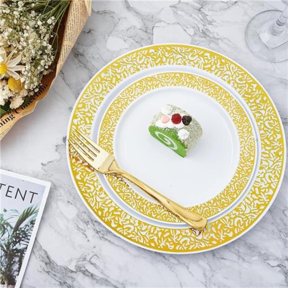 210 Count Gold Plastic Dinnerware, Gold Disposable Plates, Includes: 30 Plates - Picture 5 of 7